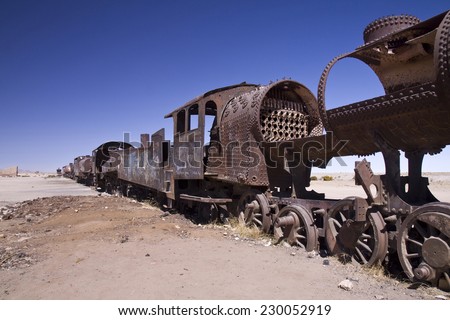 Rusted out, abandoned locomotives at the train graveyard, Uyuni, Bolivia