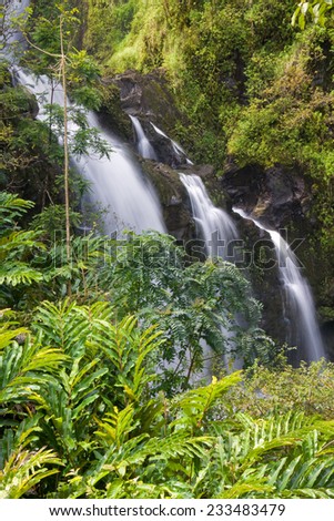 Waikani Falls, in lush jungle, on the road to Hana, Maui, Hawaii