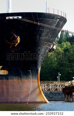 Bow of an ocean tanker with water level marks, Port Moody, BC