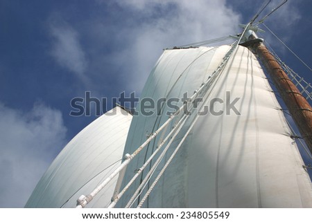 Majestic sails are full of wind against a mostly clear sky