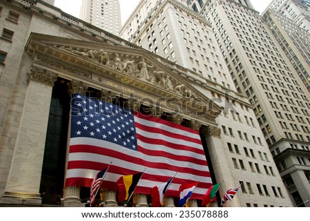 NEW YORK CITY, USA - CIRCA APRIL 2007: Wide view of New York Stock Exchange on Wall Street on a cloudy spring day