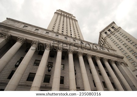 Wide view looking up at the United States Court House, lower Manhattan, New York