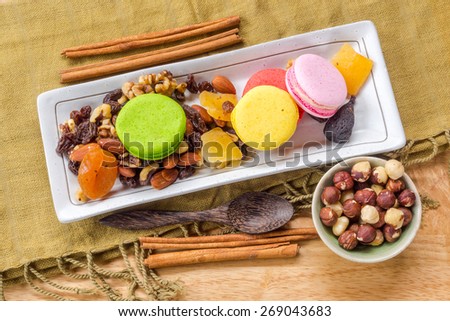 Mix dried fruits and colorful macaroons
