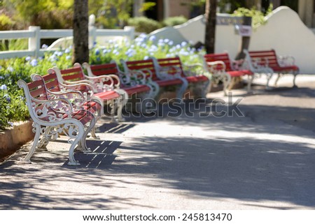 Row of vintage chairs in a romantic garden. (Soft focused)