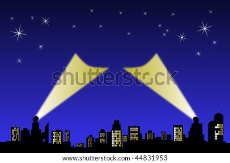 Search lights point up to a night sky from a silhouette horizon. Central area ready for text