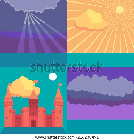 Castle tower fairy tale weather landscape with sun, moon, cloud, sun ray.