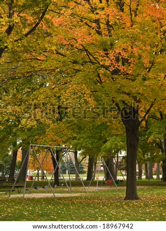 Beautiful Autumn day in the park with vivid orange colored tee\'s and a swing set patiently waiting for the Children