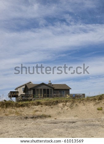 In Nags Head North Carolina along the Outer Banks there are homes that are built right on the ocean. This home has a sand dune in front that offers it some protection from the elements.