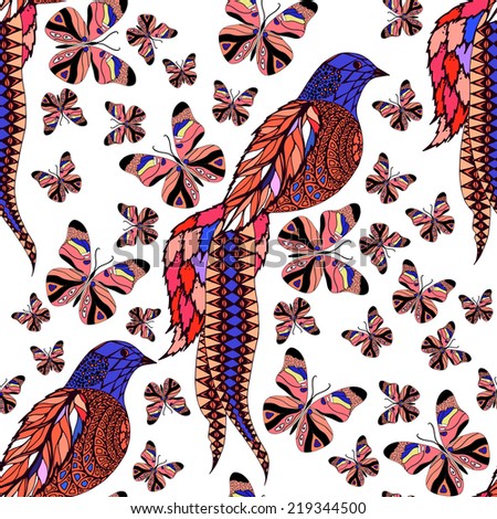 Vector seamless pattern with birds and butterflies. Exotic beach holiday background. Vector wallpaper, graphic hand drawn birds fabric for design.Fashion seamless pattern.