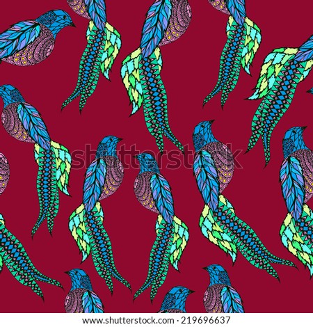 Vector seamless pattern with birds and butterflies. Exotic beach holiday background. Vector wallpaper, graphic hand drawn birds fabric for design.Fashion seamless pattern.