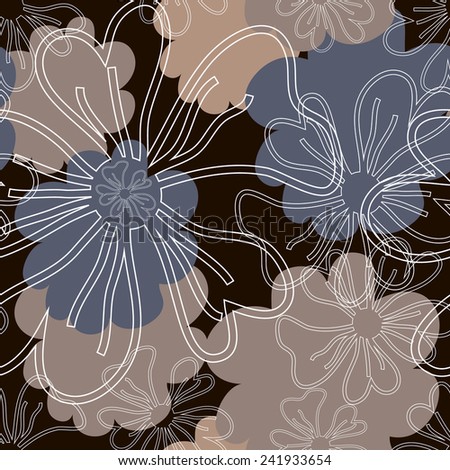 Seamless pattern with contour of flowers. White silhouettes of flowers on black background.