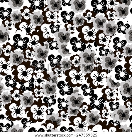 Seamless pattern with black and white ditsy flowers. Endless background with small flowers in achromatic colors.