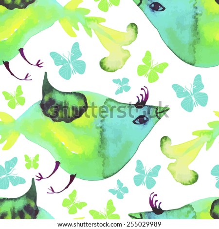 Seamless pattern with butterflies and watercolor birds. Colorful spring and summer background.