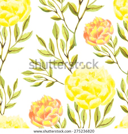 Yellow peonies . Seamless pattern with yellow and orange watercolor flowers and leaves on white background.