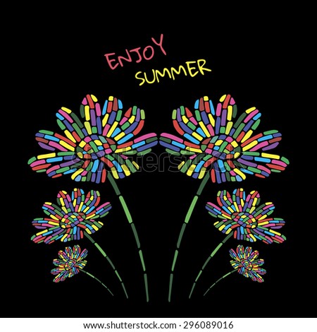 Enjoy summer. Floral illustration with rainbow flowers. Flowers consisting of many small colored particles. Template for invitation or card design.