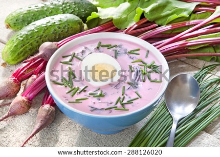 Cold soup with beetroot soup and sour milk with chives, cucumber and egg, served cold on hot days