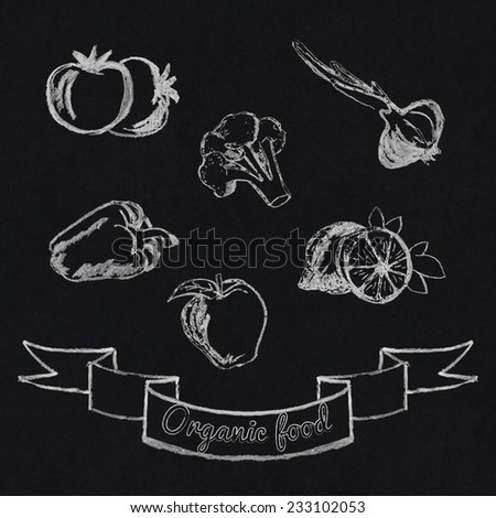 Chalk food fruit and vegetables icon on chalkboard background