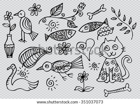 Cute floral pattern with animal, bird, cat,swan,and fish. Hand drawing illustration