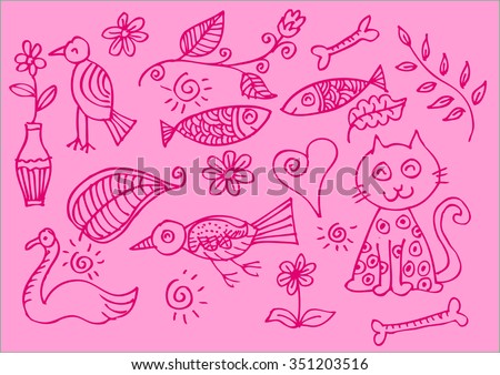 Cute floral pattern with animal, bird, cat,swan,and fish. Hand drawing illustration