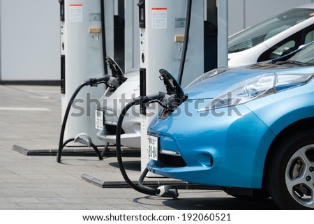YOKOHAMA, JAPAN - APRIL 24, 2014: Electric cars, Nissan\'s \