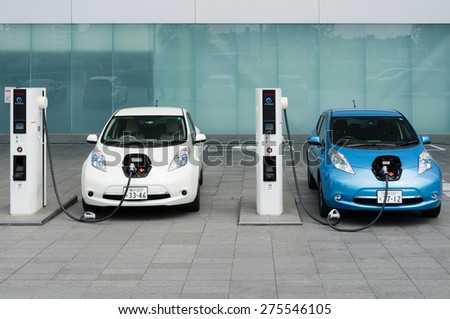 YOKOHAMA, JAPAN - APRIL 25, 2015: Electric cars, Nissan\'s \