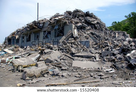 The Ruined house.The House after earthquake. The Island Sakhalin, city Nevelisk.