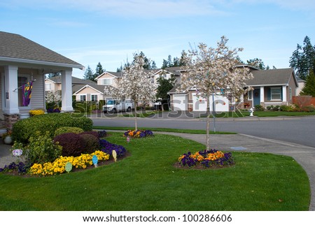Some family houses in a suburban area in Easter spring time.