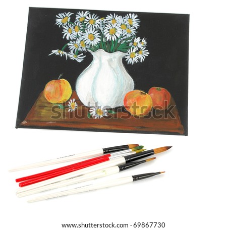 Picture acrilic  paints on a canvas with white vase, flowers and apples with brushes isolated on the white bacjground.