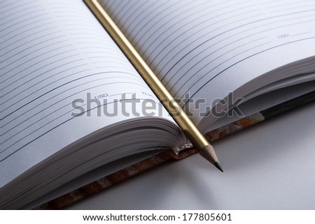 the edge of the open diary with shiny pencil