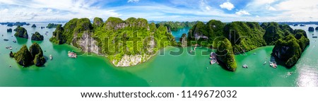 Super panorama Karst Island Landscape In Halong Bay, Vietnam. High quality image from above (drone)