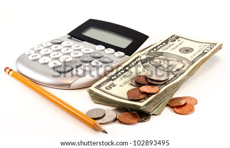 Personal finance and accounting with calculator, money and yellow pencil isolated on white background.