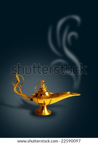 aladdin\'s magic lamp in black background with smoke
