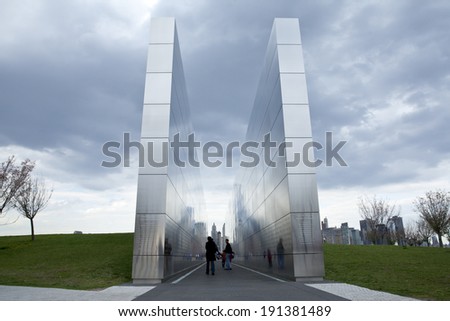 Jersey City, United States - May 3, 2014: September 11 Memorial, also known as Empty Sky. Memorial is located in Liberty State Park. Names of the victims of 9/11 are engraved in the walls.