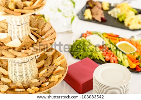 Catering service food buffet selection on white tablecloth