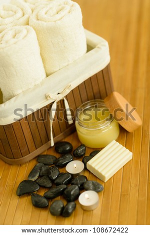 Close-up of spa body care products wellness treatment