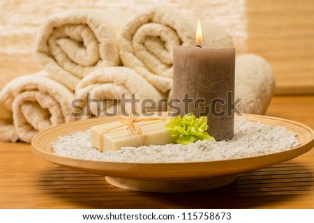 Spa decor wooden tray with candle and soap natural color