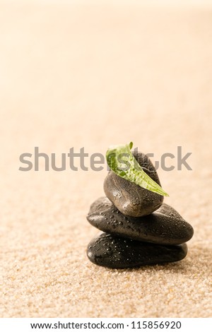 Spa zen stones with leaf on sand still nature