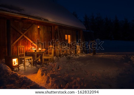 Cozy Wooden Cottage In Dark Winter Forest Snow Countryside