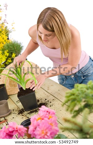 Gardening - woman with shovel take care of plant on white background