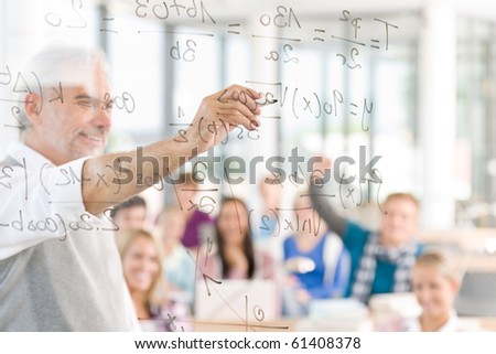 Math lesson at high school - students with professor in classroom