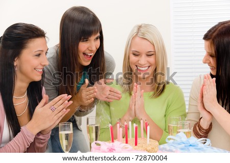 Birthday party - group of woman celebrate with cake and champagne