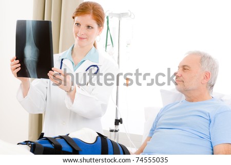 Hospital - female doctor examine x-ray senior patient broken leg