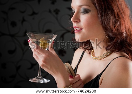 Cocktail party woman in evening dress enjoy drink