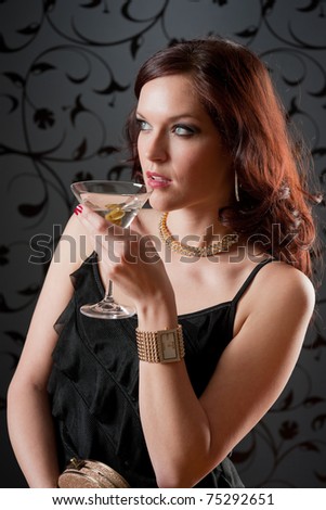 Cocktail party woman evening dress enjoy drink on black background