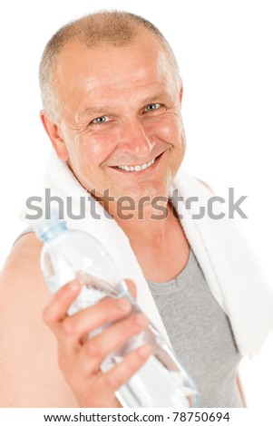 Portrait of happy mature man fitness workout drink water