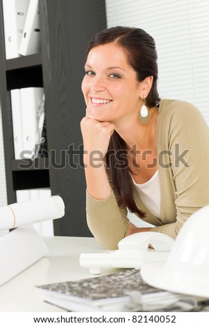 Office relaxation pose professional architect woman leaning over table