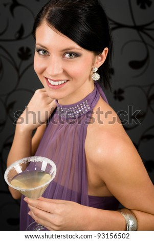 Woman party dress hold cocktail glass smiling look at camera