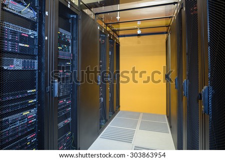 Climate controlled datacenter showing racks of internet servers