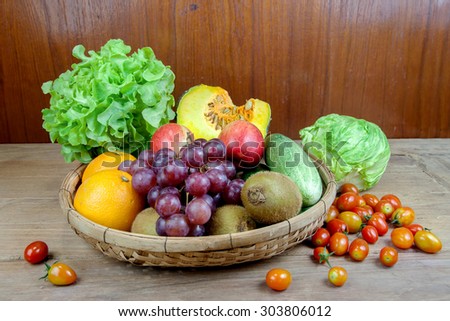 Fruits and vegetables in a basket on a wooden table.