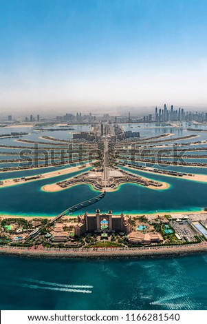 Aerial view high above The Palm Island, Dubai. Travel holiday inspiration.